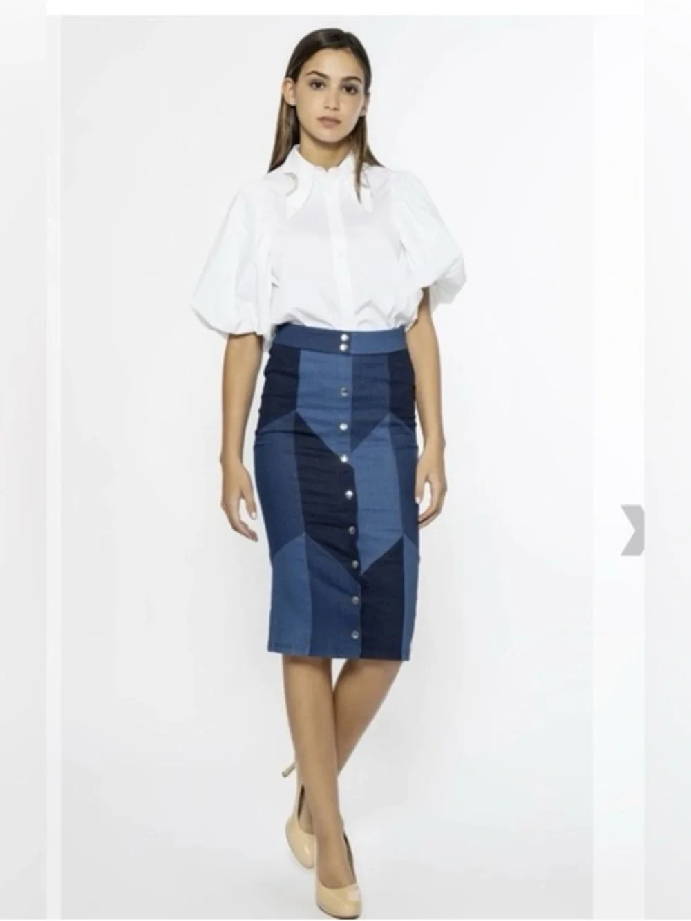 Gracia Two-Tone Blue Patchwork Pencil Skirt